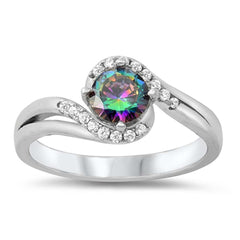 Sterling Silver Round With Rainbow Topaz And Cubic Zirconia Ring