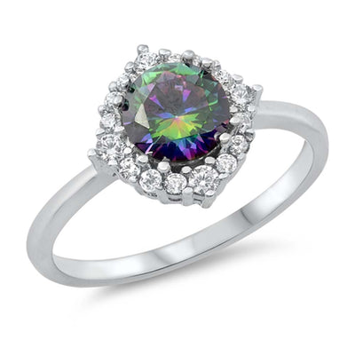 Sterling Silver Round With Rainbow Topaz And Cubic Zirconia Ring