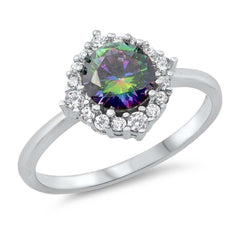 Sterling Silver Round With Rainbow Topaz And Cubic Zirconia Ring