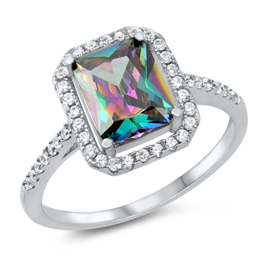Sterling Silver Rectangle With Rainbow Topaz And Cubic Zirconia Ring