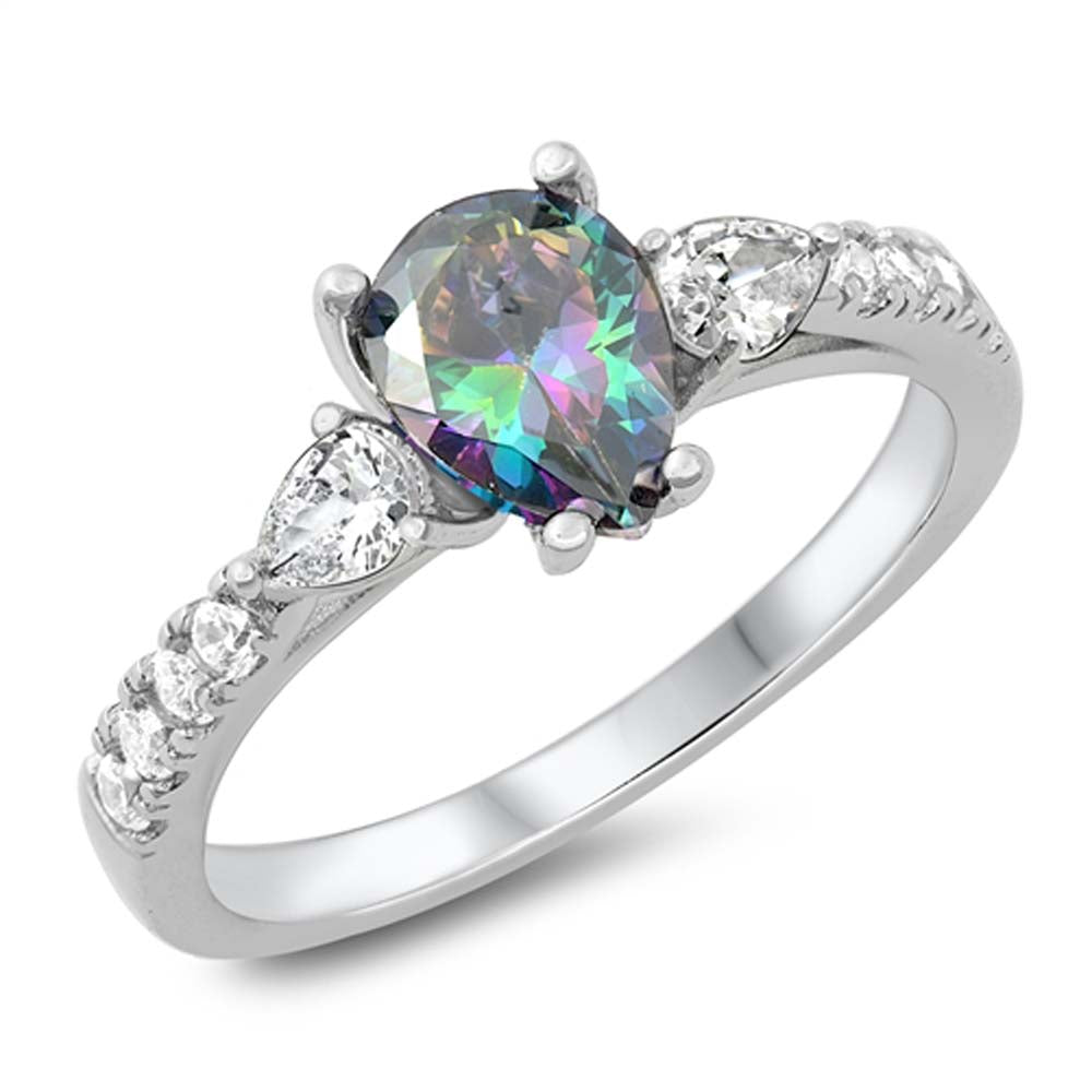 Sterling Silver Pear With Rainbow Topaz And Cubic Zirconia Ring