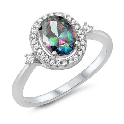 Sterling Silver Oval With Rainbow Topaz And Cubic Zirconia Ring