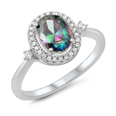 Sterling Silver Oval With Rainbow Topaz And Cubic Zirconia Ring