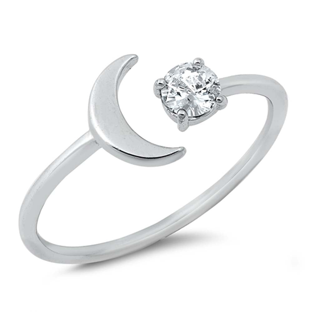 Sterling Silver Moon And Twinkle Star Shaped Cubic Zirconia Ring