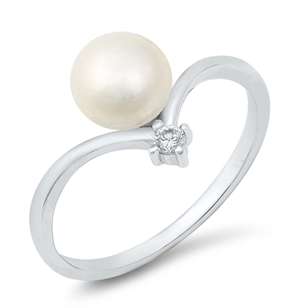 Sterling Silver Round Freshwater Pearl And Cubic Zirconia Ring