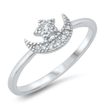 Load image into Gallery viewer, Sterling Silver Moon And Star Shaped Cubic Zirconia Ring