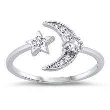 Load image into Gallery viewer, Sterling Silver Rhodium Plated Moon and Star Clear CZ Ring