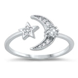 Sterling Silver Rhodium Plated Moon and Star Clear CZ Ring