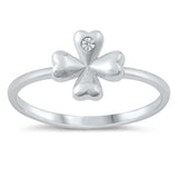 Sterling Silver Rhodium Plated Four Leaf Clover Clear CZ Ring