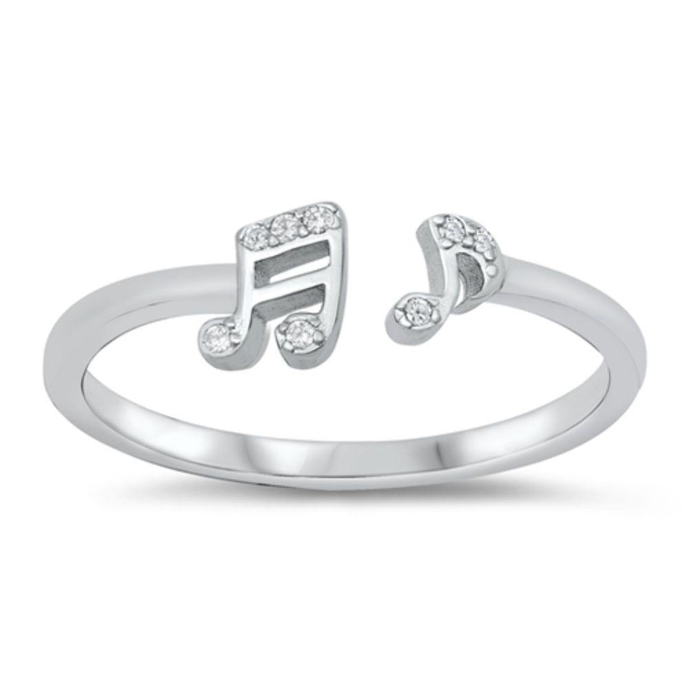 Sterling Silver Rhodium Plated Music Notes Clear CZ Ring - silverdepot