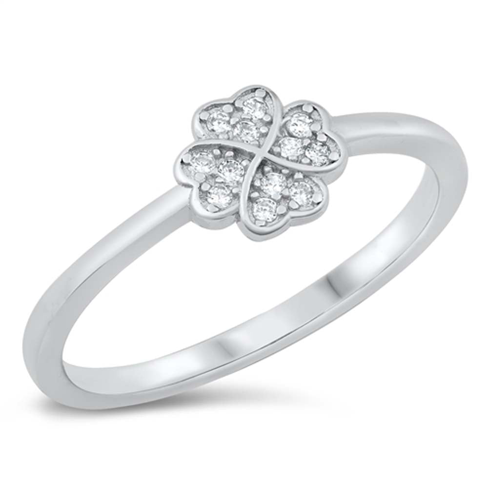 Sterling Silver Rhodium Plated Four Leaf Clover Clear CZ Ring