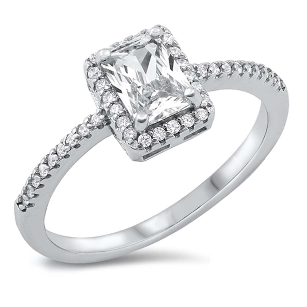 Sterling Silver Rhodium Plated Radiant Halo Cut Chain Link Clear CZ Ring