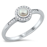 Sterling Silver Rhodium Plated Pearl Clear CZ Ring