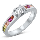 Sterling Silver Rhodium Plated Multicolor Band Clear CZ Ring