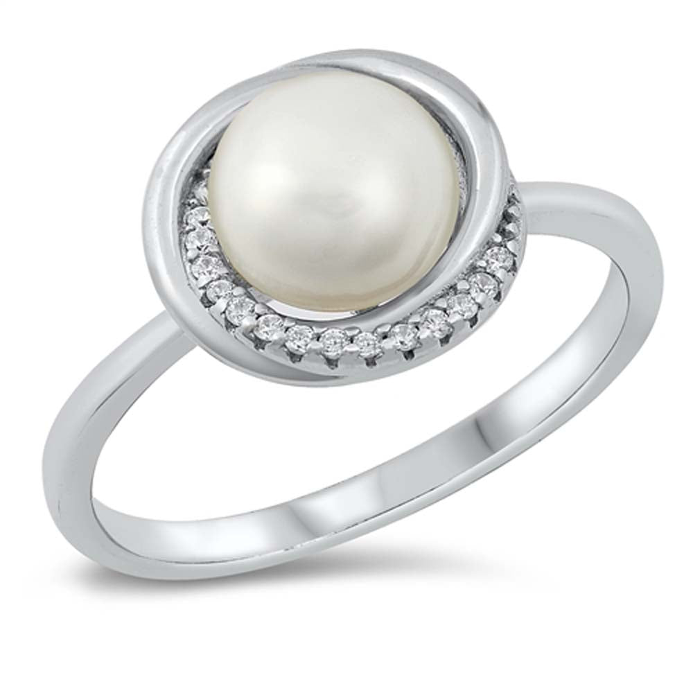 Sterling Silver Rhodium Plated Pearl Clear CZ Ring