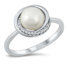 Load image into Gallery viewer, Sterling Silver Rhodium Plated Pearl Clear CZ Ring