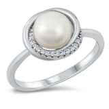 Sterling Silver Rhodium Plated Pearl Clear CZ Ring