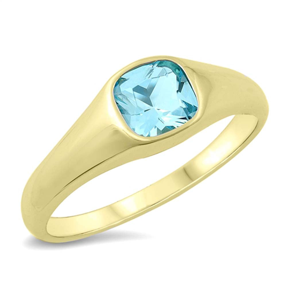 Sterling Silver Yellow Gold Plated Signet Aquamarine CZ Ring