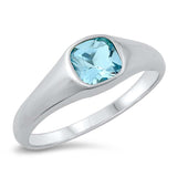 Sterling Silver Rhodium Plated Signet Aquamarine CZ Ring