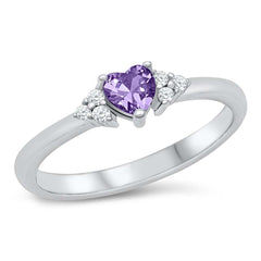 Sterling Silver Rhodium Plated Heart Amethyst CZ Ring