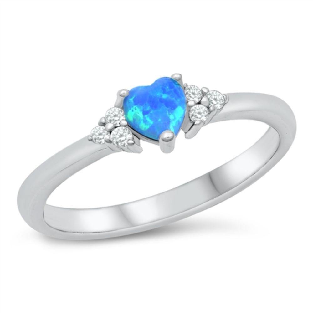 Sterling Silver Rhodium Plated Heart Lab Blue Opal Clear CZ Ring - silverdepot