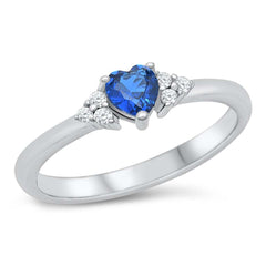 Sterling Silver Rhodium Plated Heart Blue Sapphire CZ Ring
