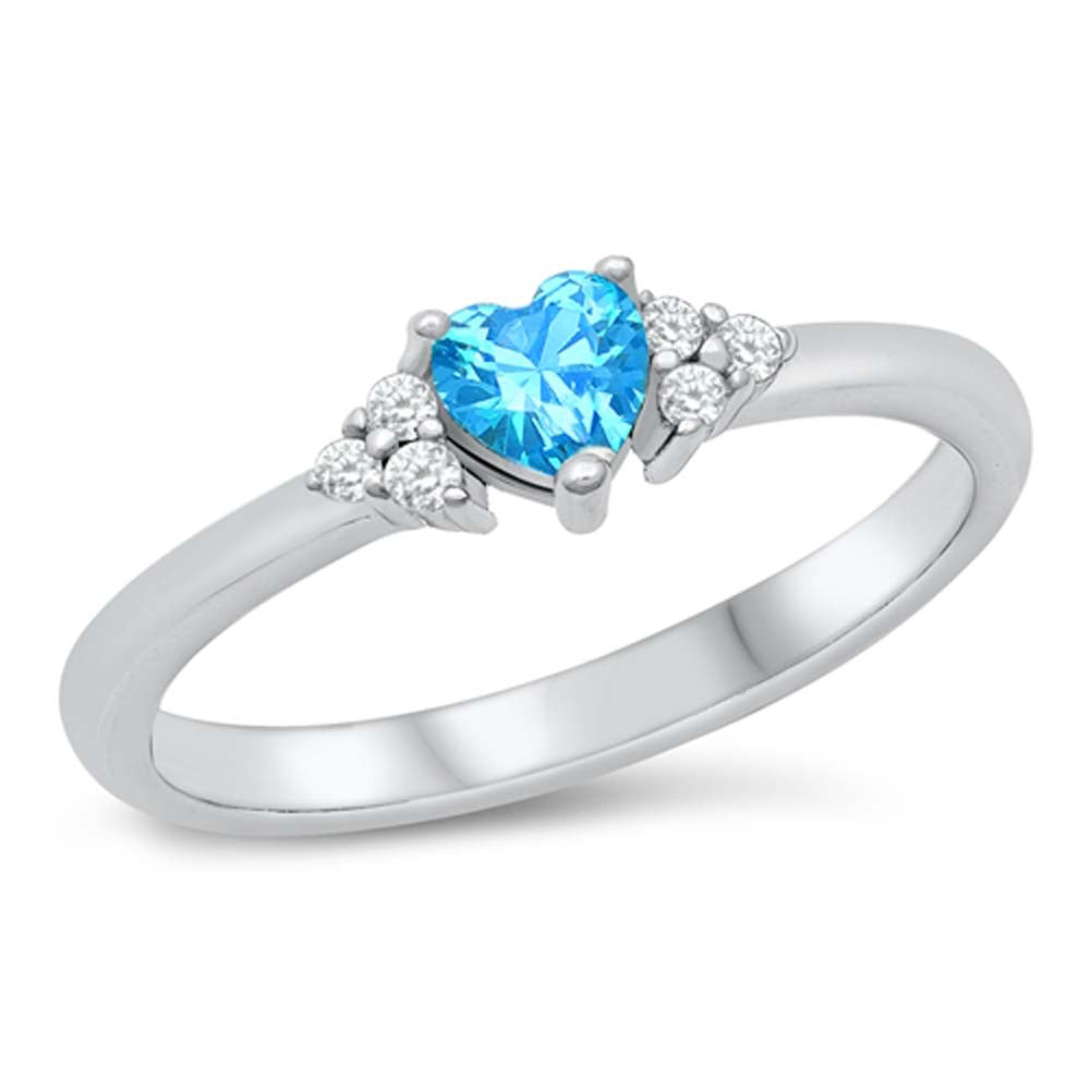 Sterling Silver Rhodium Plated Heart Blue Topaz CZ Ring