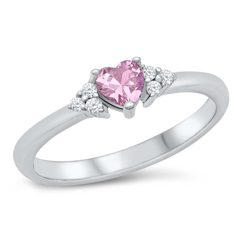 Sterling Silver Rhodium Plated Heart Pink CZ Ring