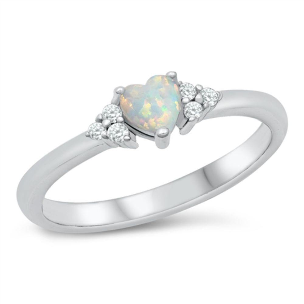 Sterling Silver Rhodium Plated Heart Lab White Opal Clear CZ Ring - silverdepot