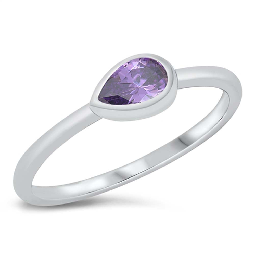 Sterling Silver Rhodium Plated Pear Amethyst CZ Ring