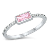 Sterling Silver Rhodium Plated Baguette Pink CZ Ring