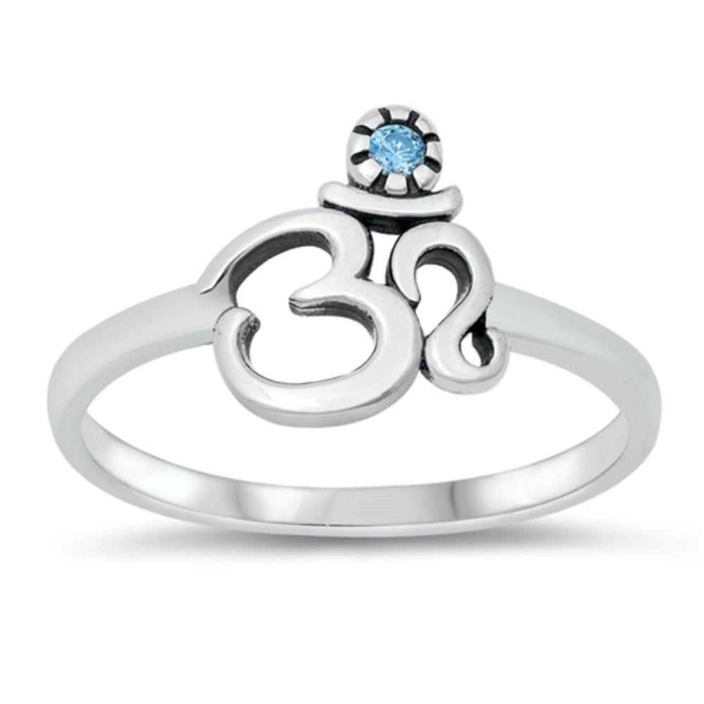 Sterling Silver Oxidized Om Sign Blue Topaz Clear CZ Ring - silverdepot