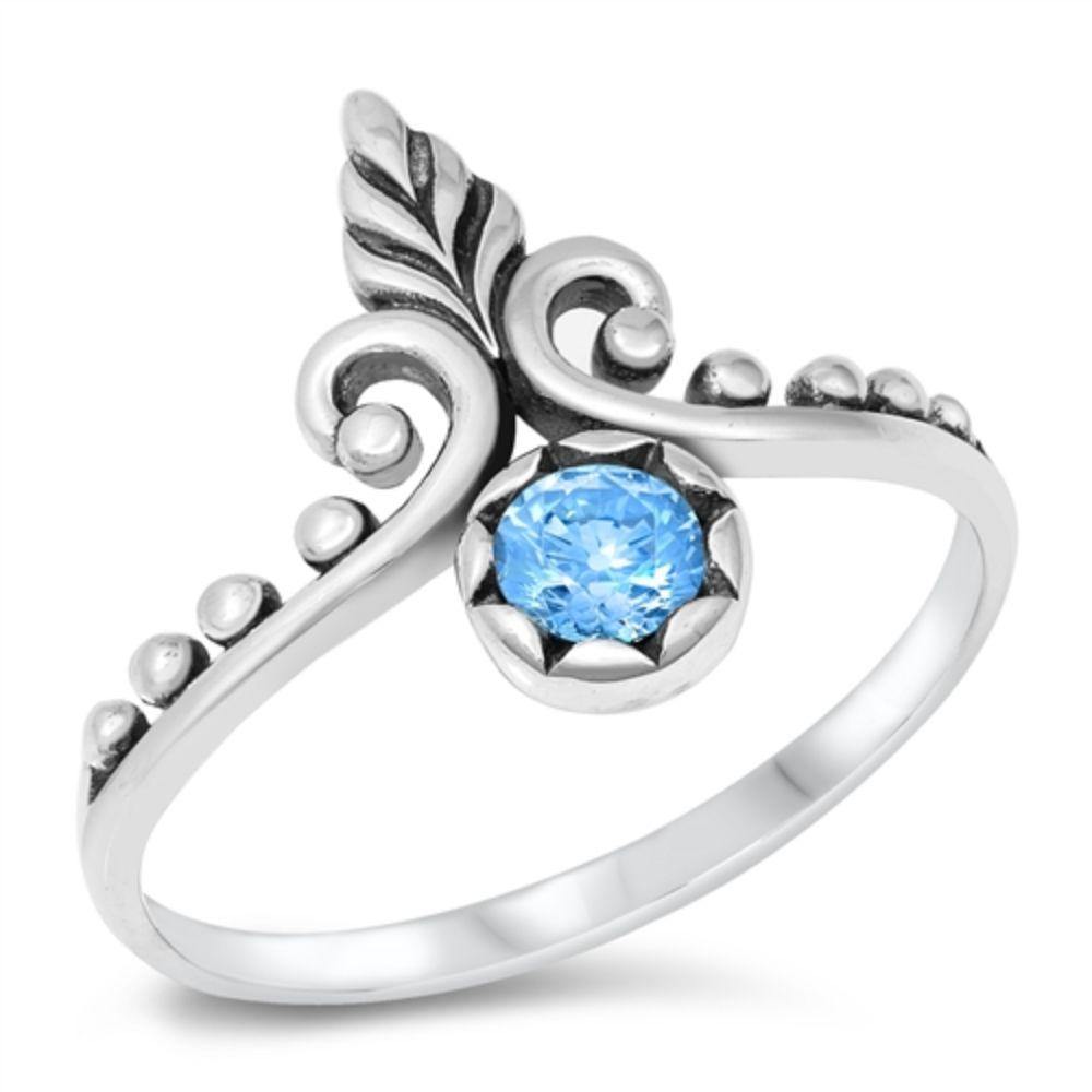 Sterling Silver Oxidized Bali Design Blue Topaz CZ Ring - silverdepot