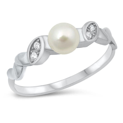 Sterling Silver Rhodium Plated Genuine Fresh Water Pearl and Clear CZ Ring - silverdepot