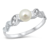 Sterling Silver Rhodium Plated Genuine Fresh Water Pearl and Clear CZ Ring