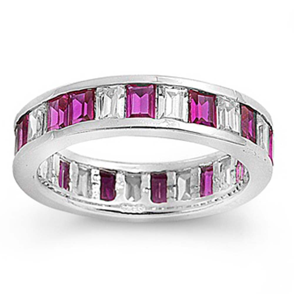 Sterling Silver Ruby Wedding Band With Clear CZ RingAnd Band Width 5mm