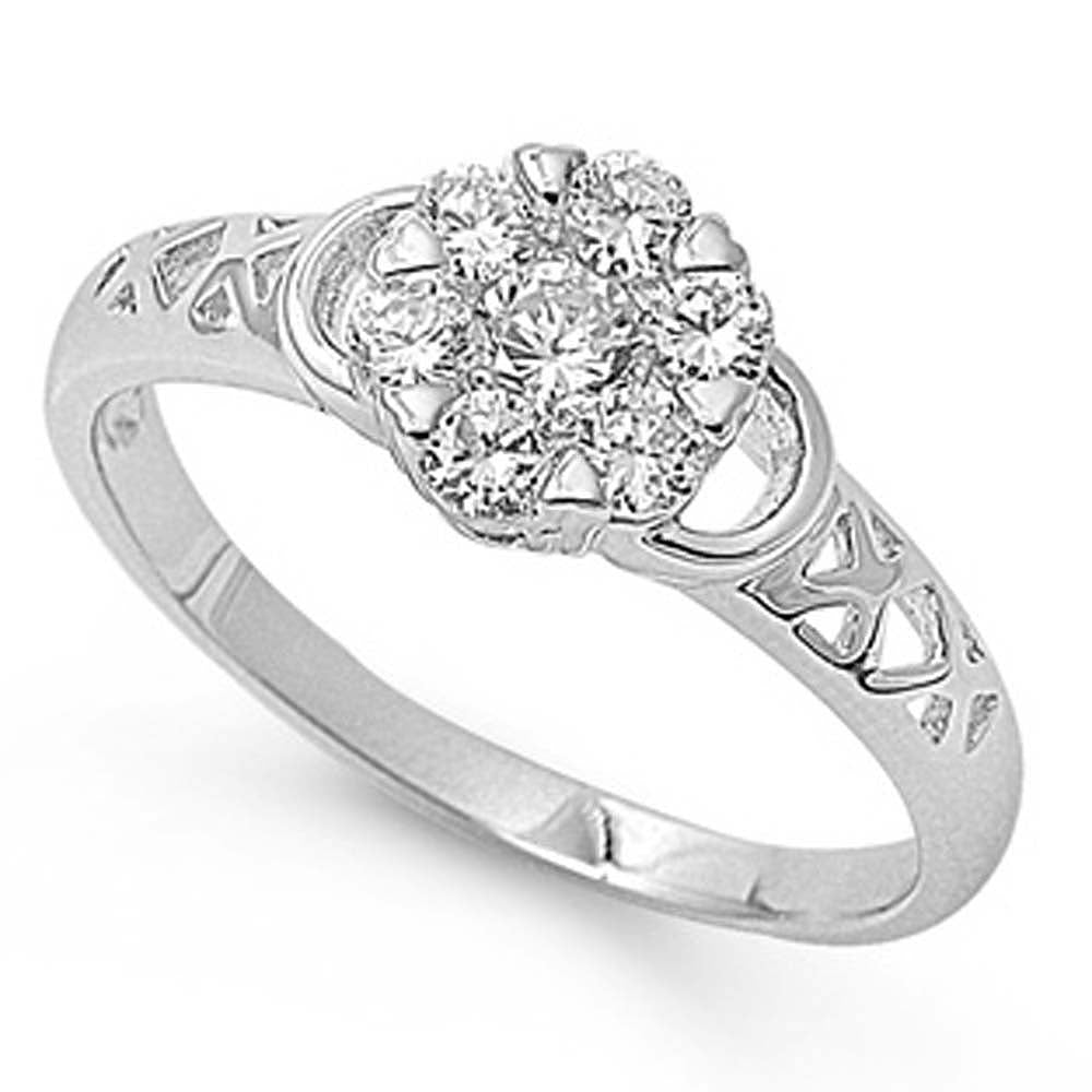 Sterling Silver Round Flower Shaped Clear CZ RingAnd Band Width 7mm