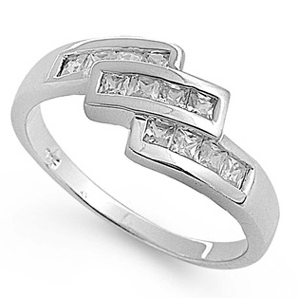 Sterling Silver Rhodium Plated Steps Shaped Clear CZ RingAnd Band Width 10mm