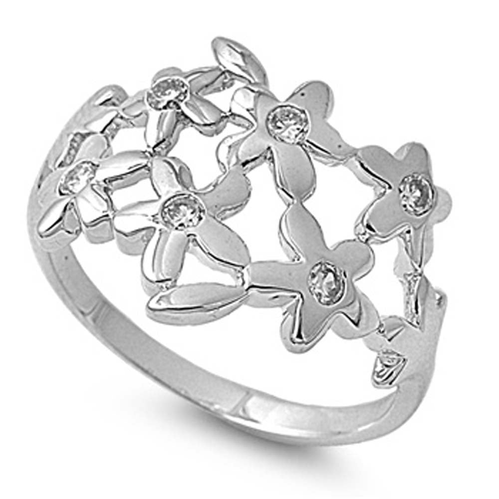 Sterling Silver Plumeria Shaped Clear CZ RingAnd Face Height 15mm