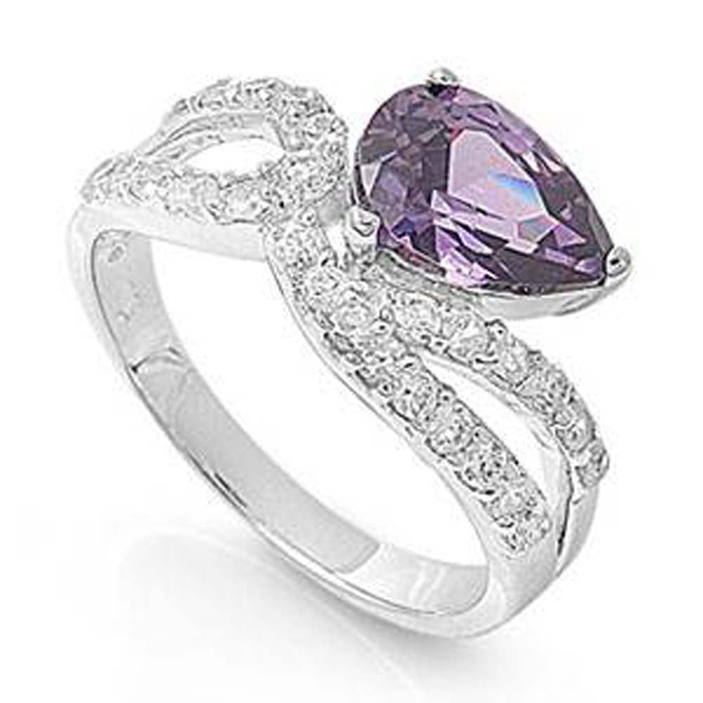 Sterling Silver Amethyst Pear And Loop Shaped Clear CZ RingAnd Face Height 9mm