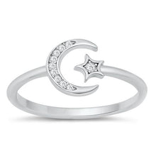 Load image into Gallery viewer, Sterling Silver Moon and Star Clear CZ Ring