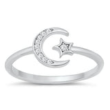 Sterling Silver Moon and Star Clear CZ Ring