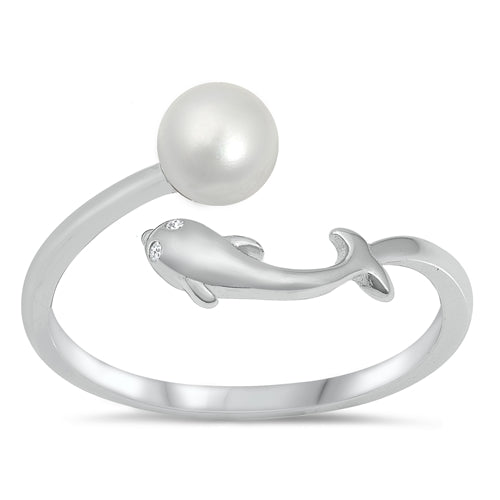 Sterling Silver Rhodium Plated Pearl Whale Ring