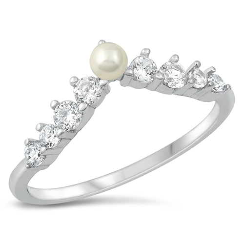 Sterling Silver Rhodium Plated Pearl Clear CZ Ring-6mm