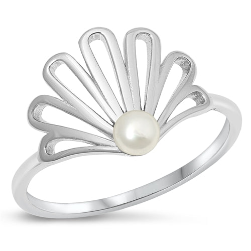 Sterling Silver Rhodium Plated Pearl Clam Ring