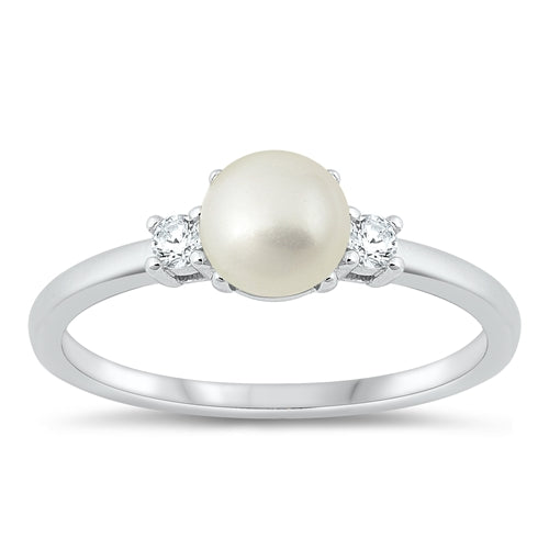 Sterling Silver Rhodium Plated Clear CZ and Freshwater Pearl Ring-5.8mm