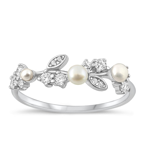 Sterling Silver Rhodium Plated Clear CZ and Pearl Ring