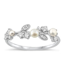 Load image into Gallery viewer, Sterling Silver Rhodium Plated Clear CZ and Pearl Ring
