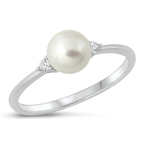 Sterling Silver Rhodium Plated Pearl And Clear CZ Ring
