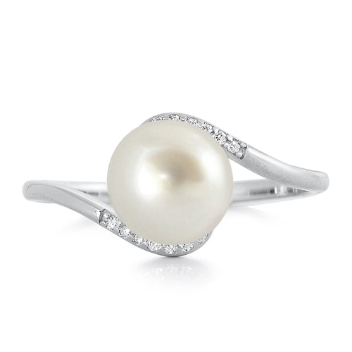 Sterling Silver Rhodium Plated Round Clear CZ And Freshwater Pearl Ring